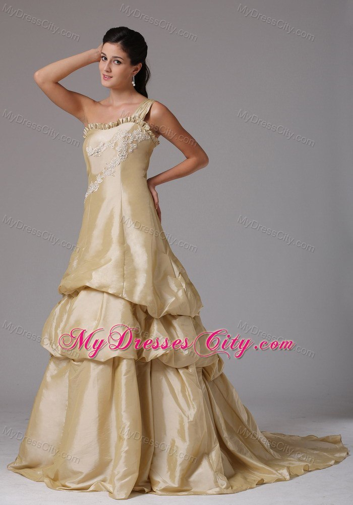 One Shoulder Champagne A-line Appliques Prom Dress Ruffled