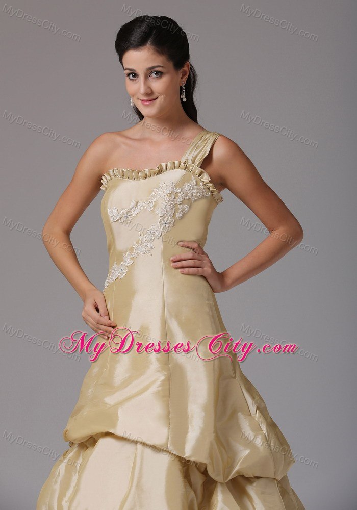 One Shoulder Champagne A-line Appliques Prom Dress Ruffled