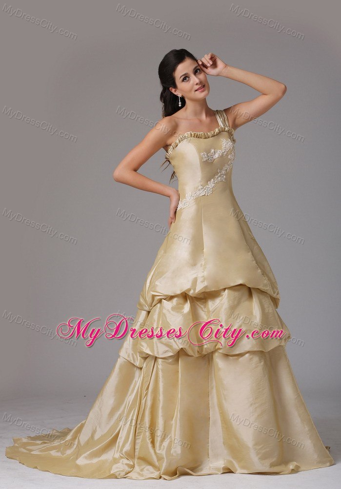 One Shoulder Champagne A-line Appliques Prom Dress Ruffled