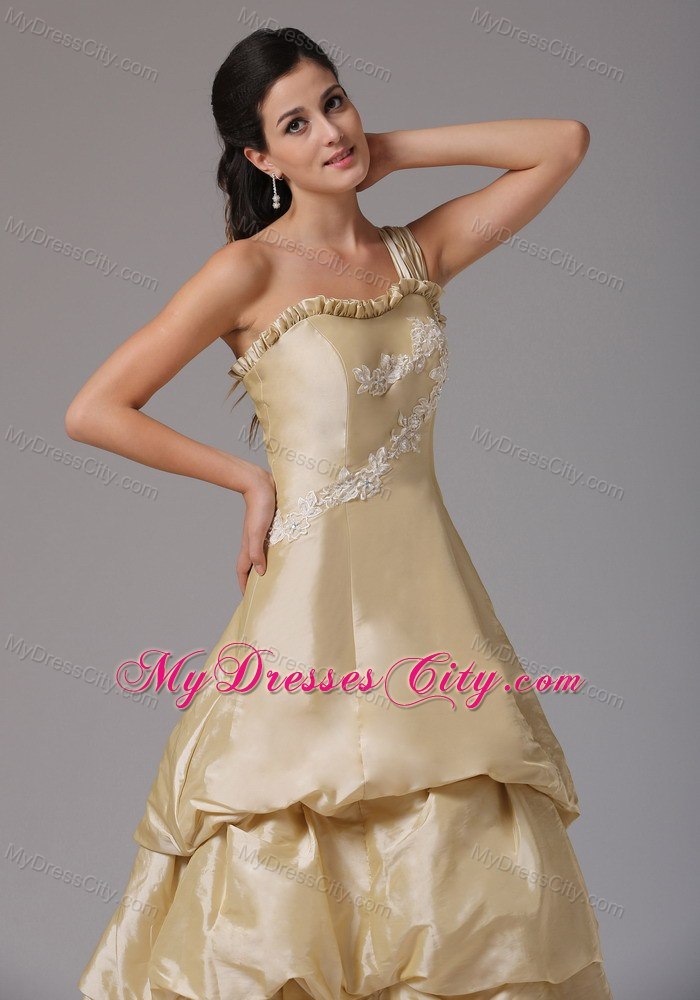 One Shoulder Champagne A-line Appliques Prom Dress Ruffled