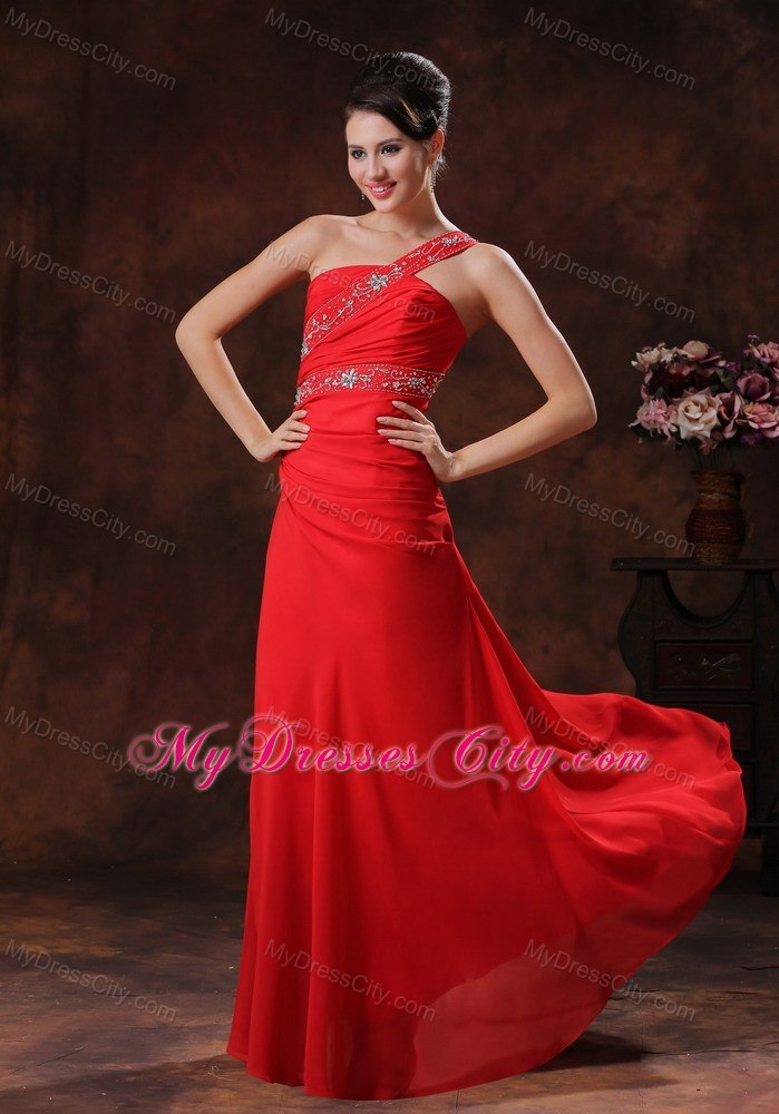 One Shoulder Red Chiffon Prom Dress With Beaded Decorate