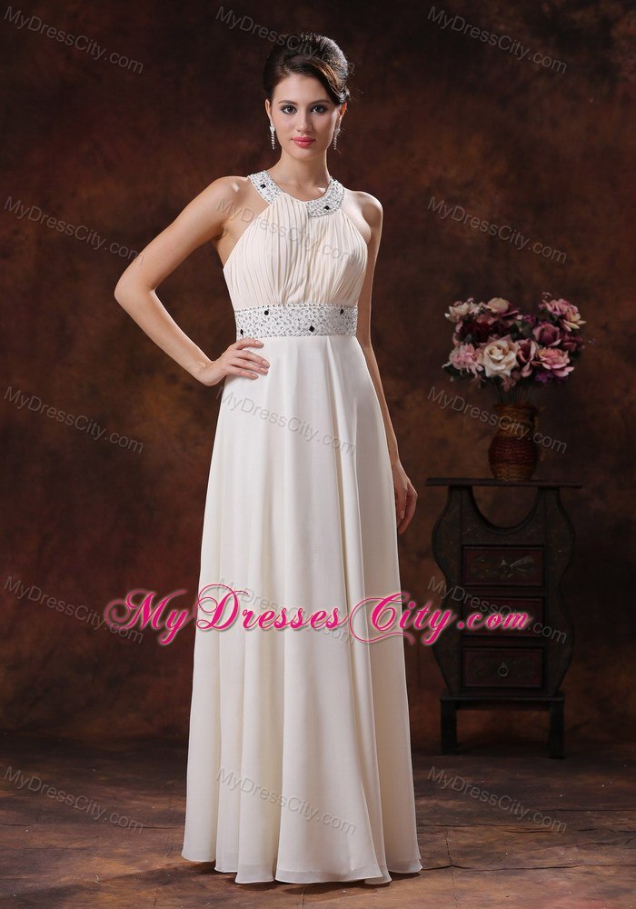 White Scoop Beaded Decorate Waist Prom Dress Full-length