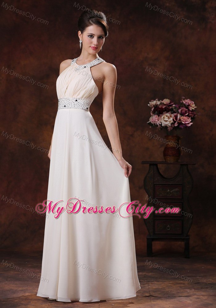 White Scoop Beaded Decorate Waist Prom Dress Full-length