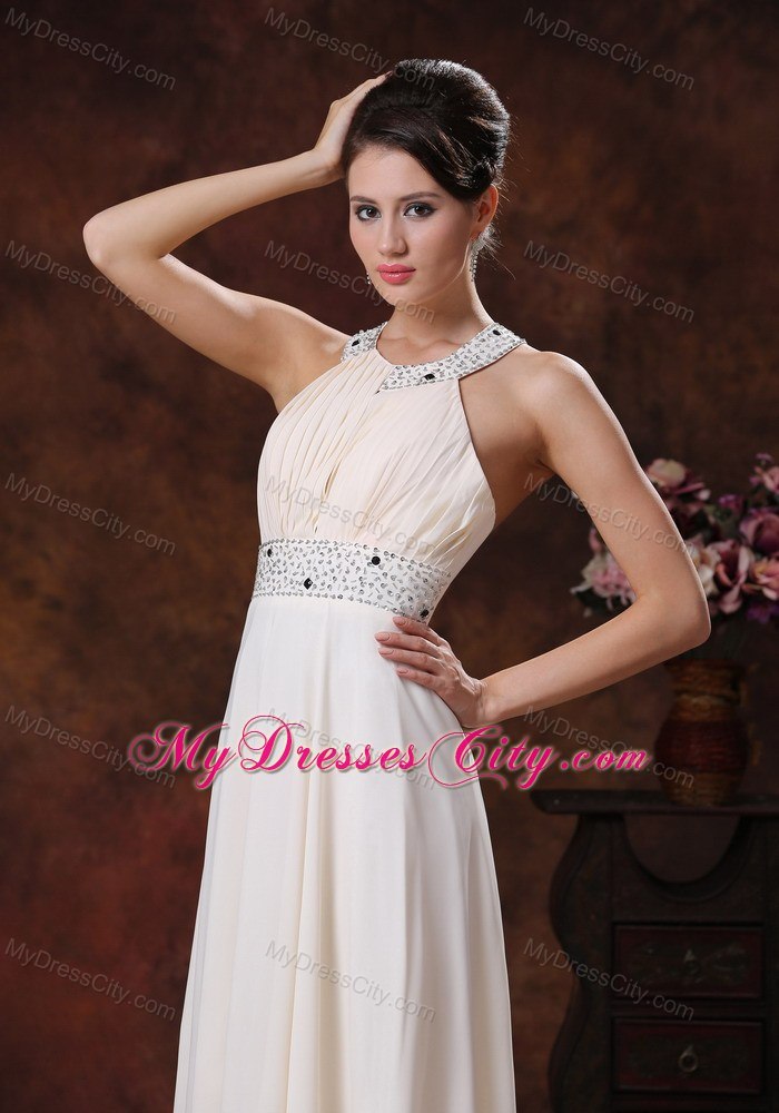 White Scoop Beaded Decorate Waist Prom Dress Full-length