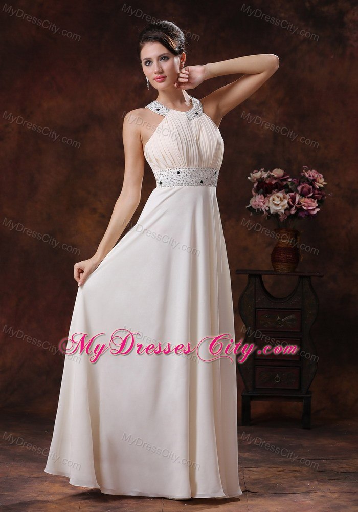 White Scoop Beaded Decorate Waist Prom Dress Full-length