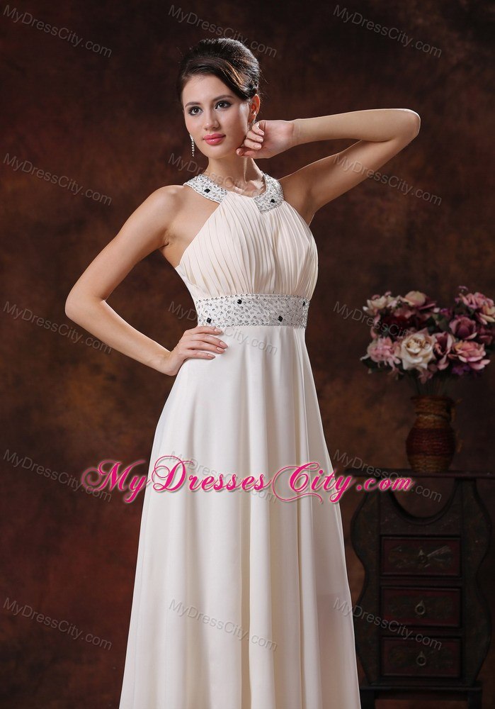 White Scoop Beaded Decorate Waist Prom Dress Full-length