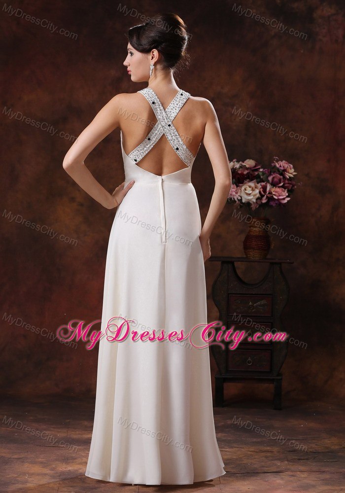 White Scoop Beaded Decorate Waist Prom Dress Full-length