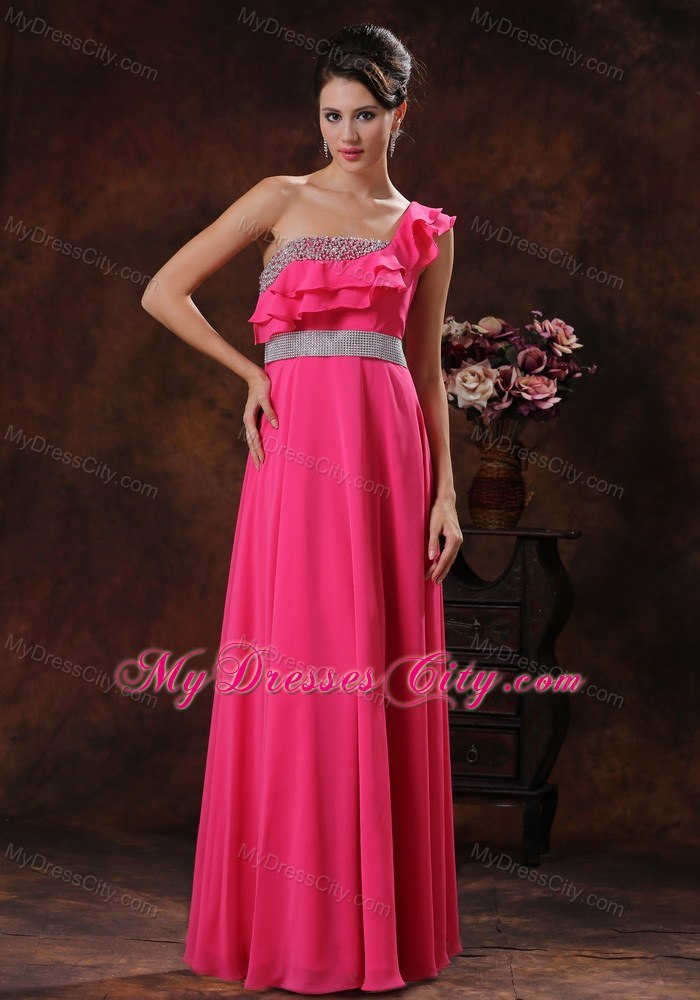 One Shoulder Beaded Coral Red Prom Dress Sleeveless