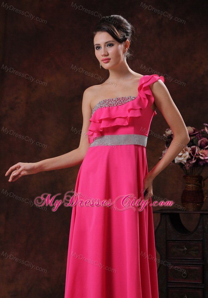 One Shoulder Beaded Coral Red Prom Dress Sleeveless