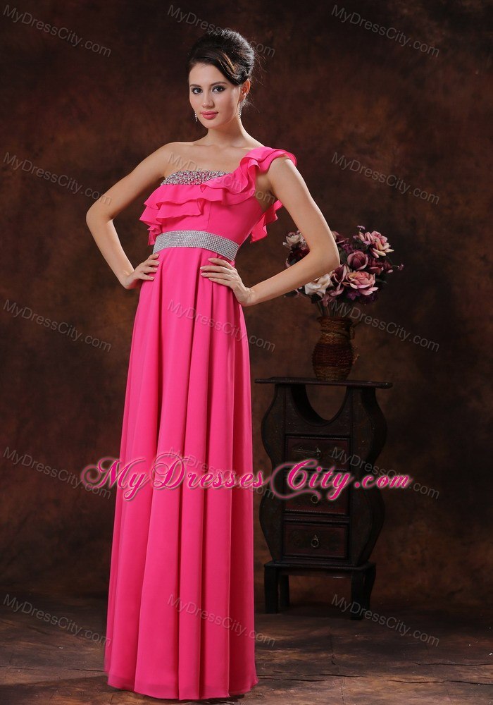 One Shoulder Beaded Coral Red Prom Dress Sleeveless