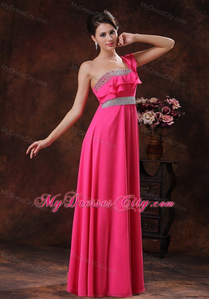 One Shoulder Beaded Coral Red Prom Dress Sleeveless