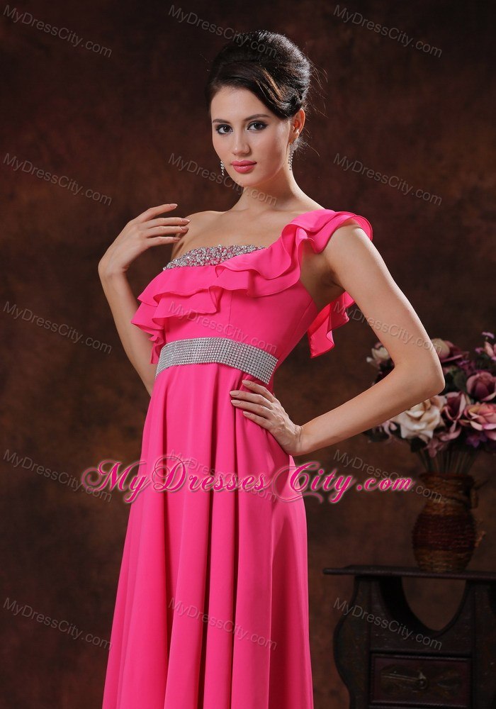 One Shoulder Beaded Coral Red Prom Dress Sleeveless