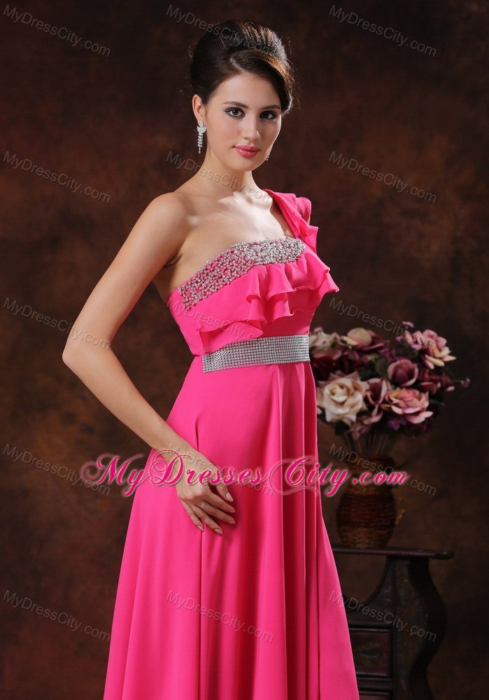 One Shoulder Beaded Coral Red Prom Dress Sleeveless