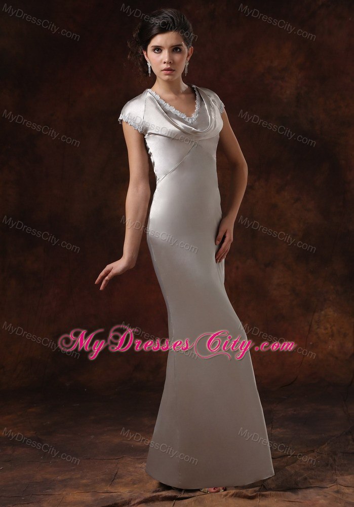 Short Sleeves Column Sliver Draped Neck Prom Mother Dress