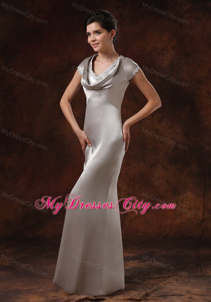 Short Sleeves Column Sliver Draped Neck Prom Mother Dress