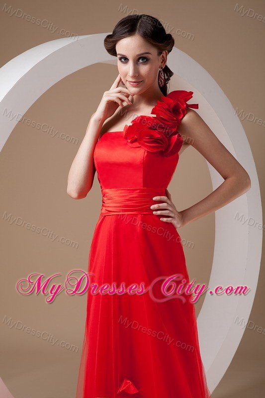 Red Empire One Shoulder Prom Evening Dress with Flowers