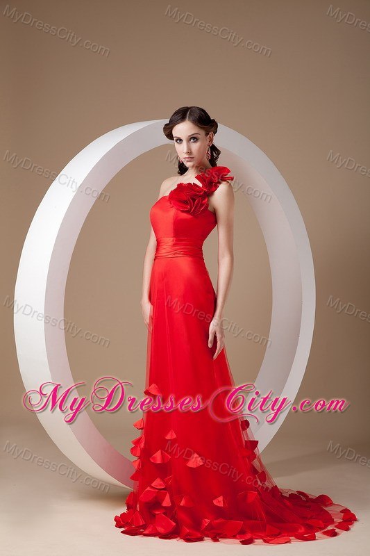 Red Empire One Shoulder Prom Evening Dress with Flowers