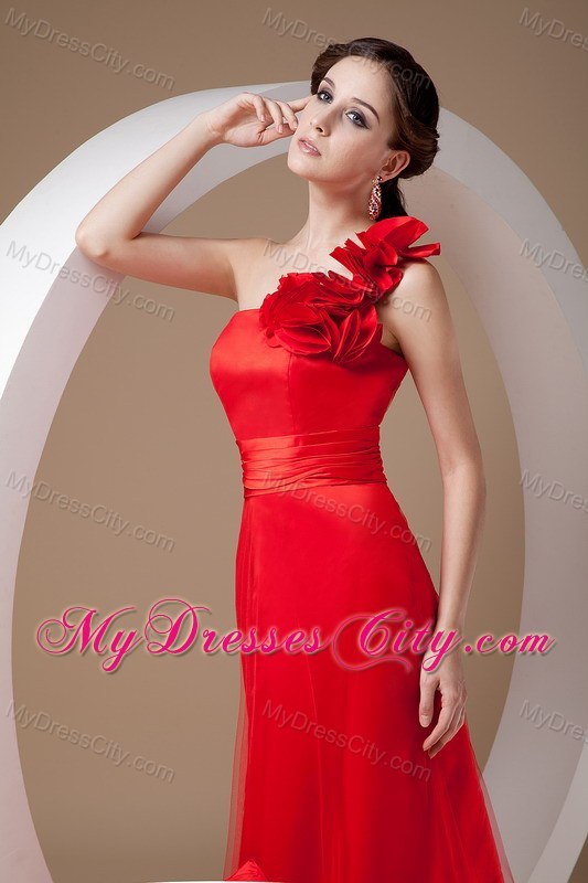 Red Empire One Shoulder Prom Evening Dress with Flowers