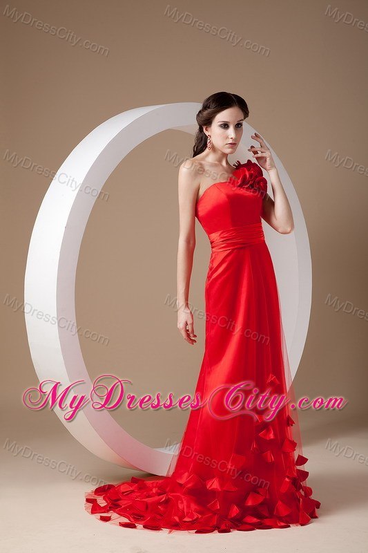 Red Empire One Shoulder Prom Evening Dress with Flowers