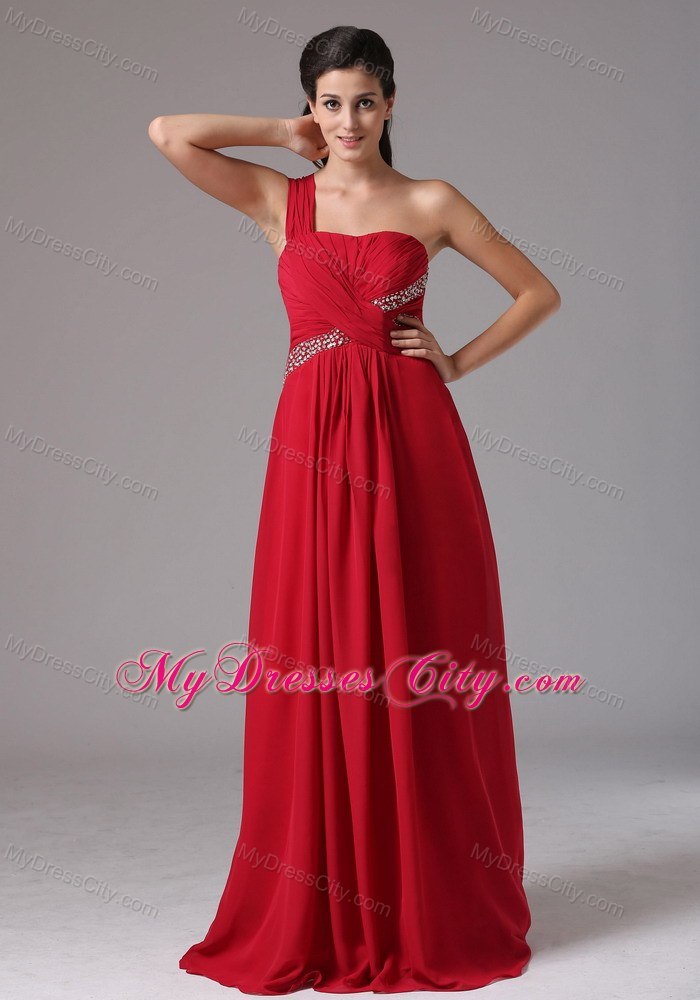 Beading and Ruches Red Prom Dress with Single Shoulder