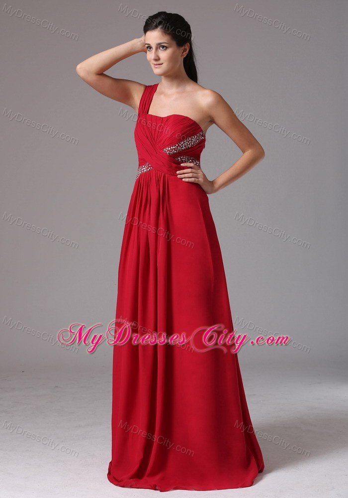 Beading and Ruches Red Prom Dress with Single Shoulder