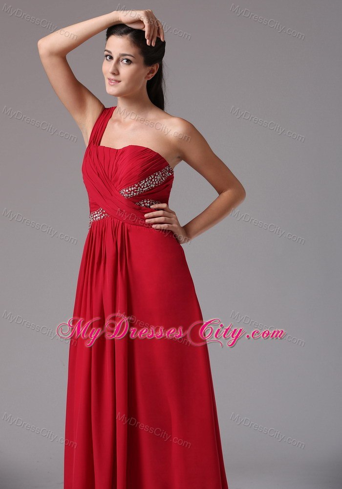 Beading and Ruches Red Prom Dress with Single Shoulder