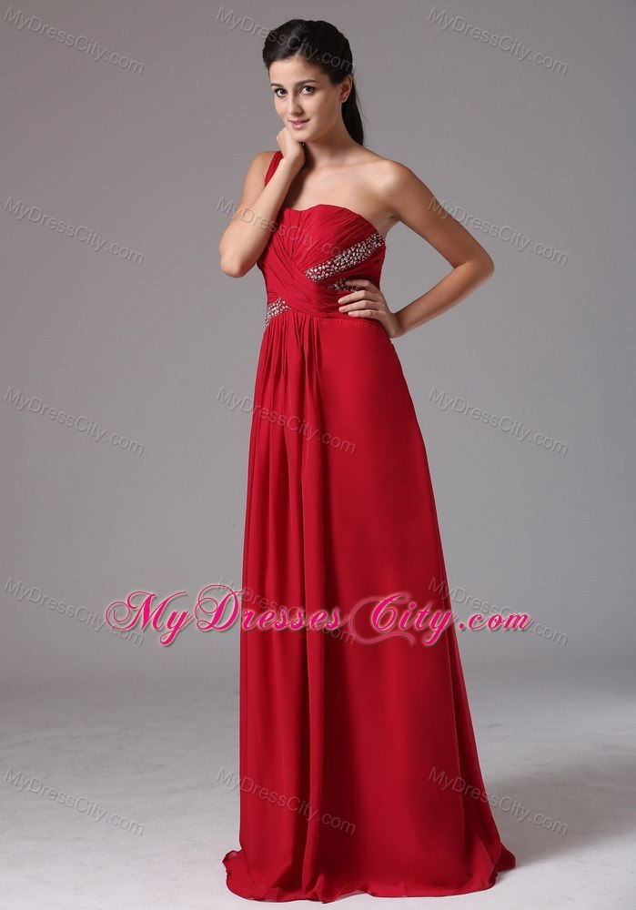 Beading and Ruches Red Prom Dress with Single Shoulder