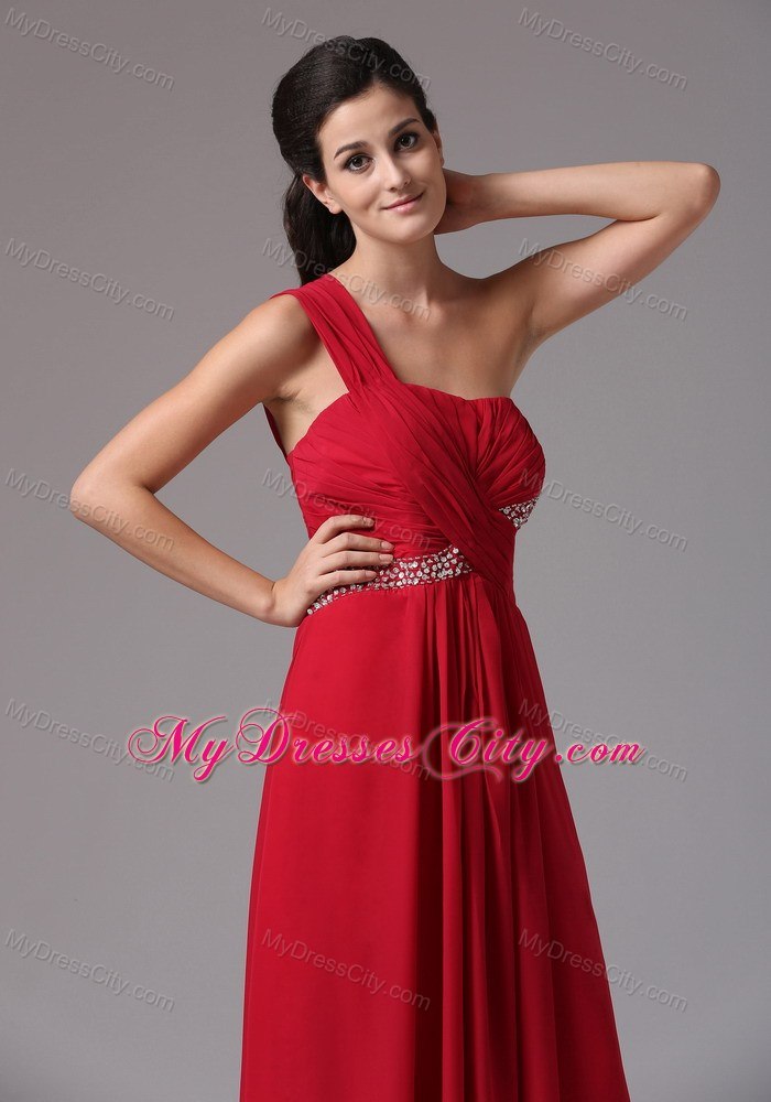 Beading and Ruches Red Prom Dress with Single Shoulder