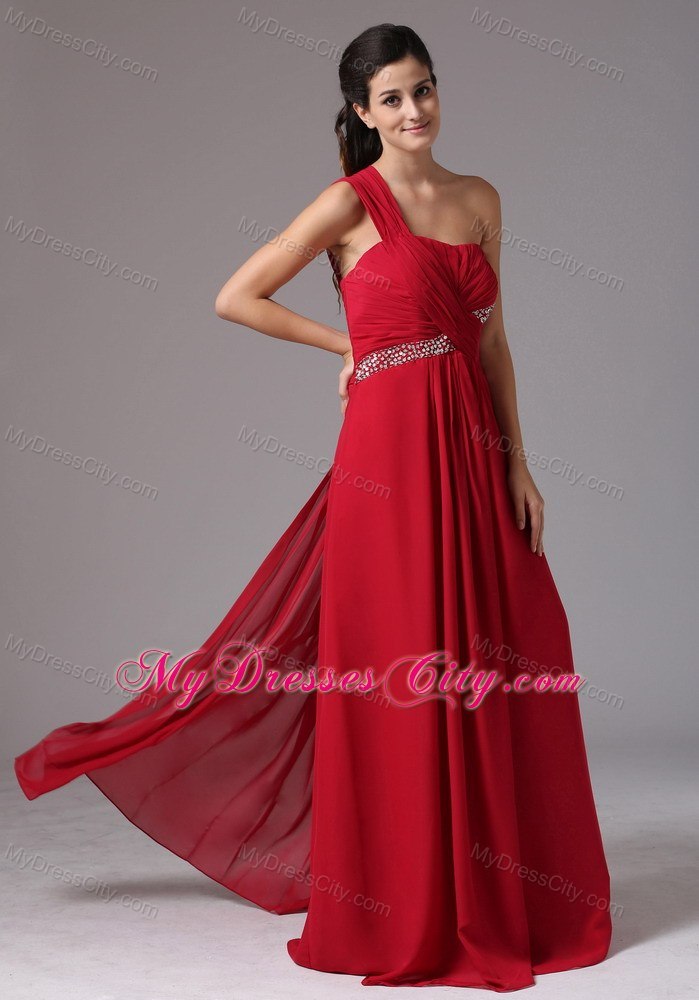 Beading and Ruches Red Prom Dress with Single Shoulder