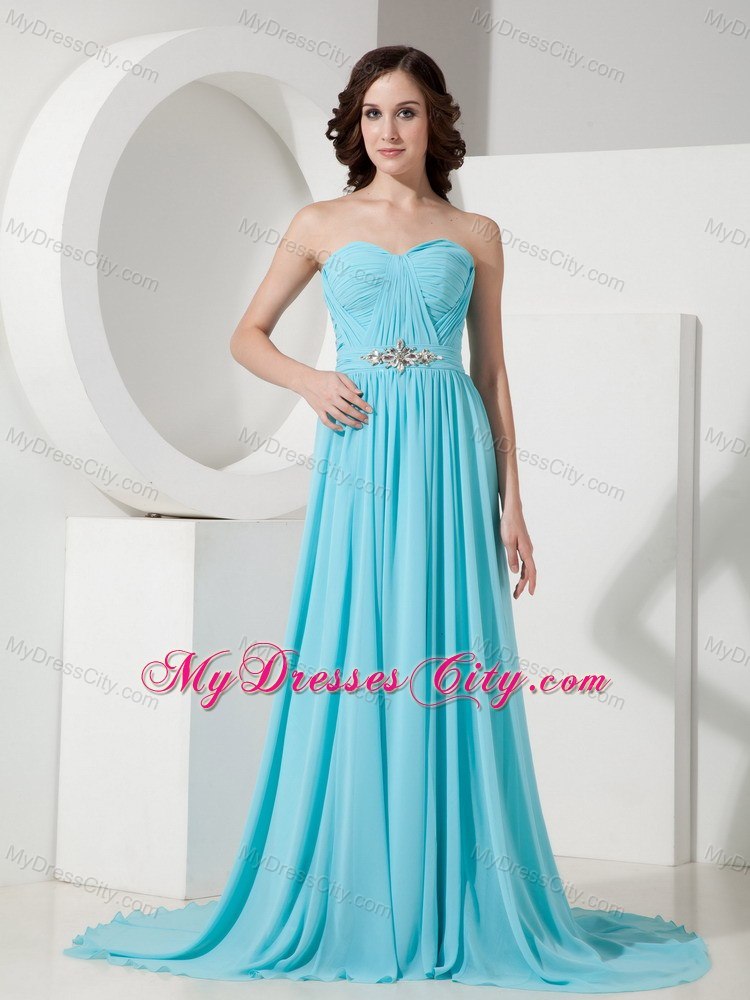 Long Beaded Sweetheart Blue Prom Gown with Brush Train