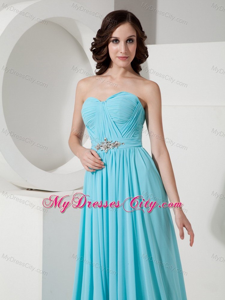 Long Beaded Sweetheart Blue Prom Gown with Brush Train