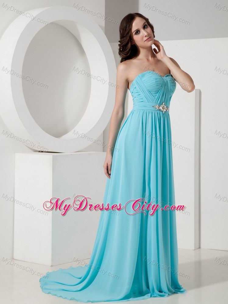 Long Beaded Sweetheart Blue Prom Gown with Brush Train