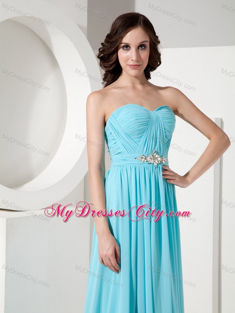 Long Beaded Sweetheart Blue Prom Gown with Brush Train