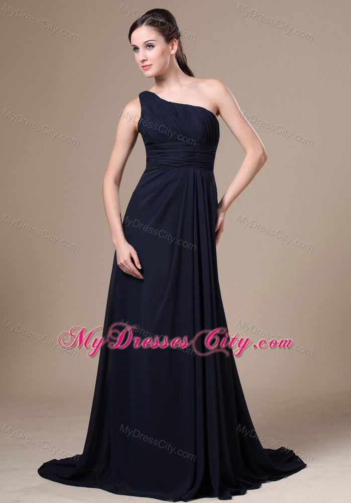 Navy Blue One Shoulder Prom Bridesmaid Dress with Chiffon