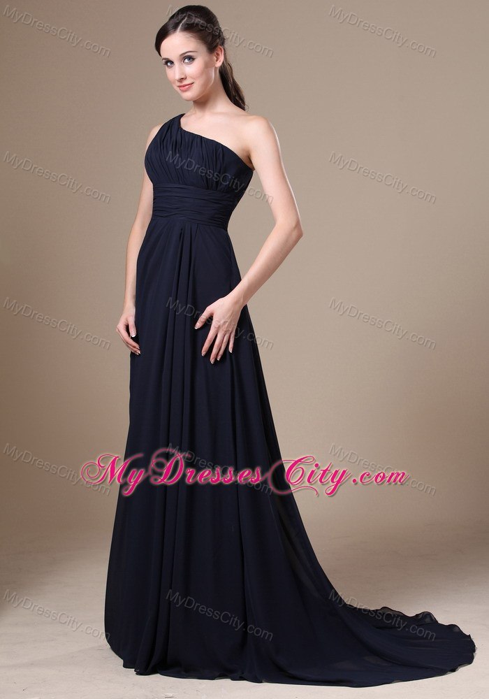 Navy Blue One Shoulder Prom Bridesmaid Dress with Chiffon