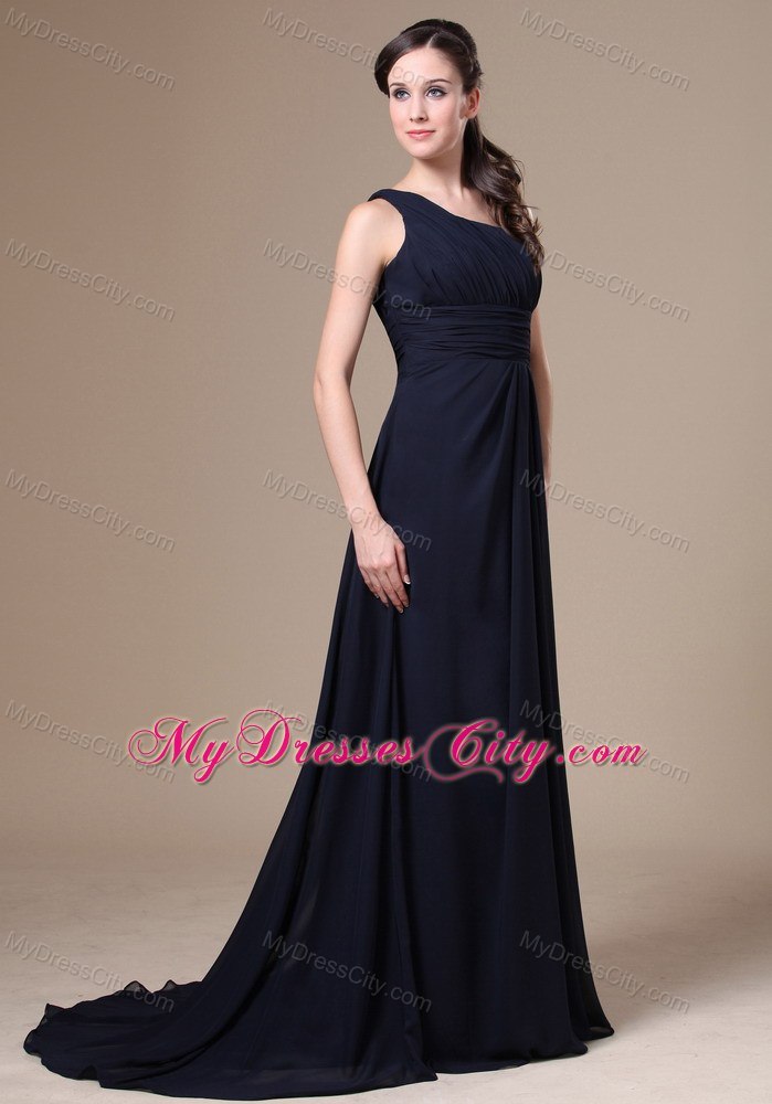 Navy Blue One Shoulder Prom Bridesmaid Dress with Chiffon