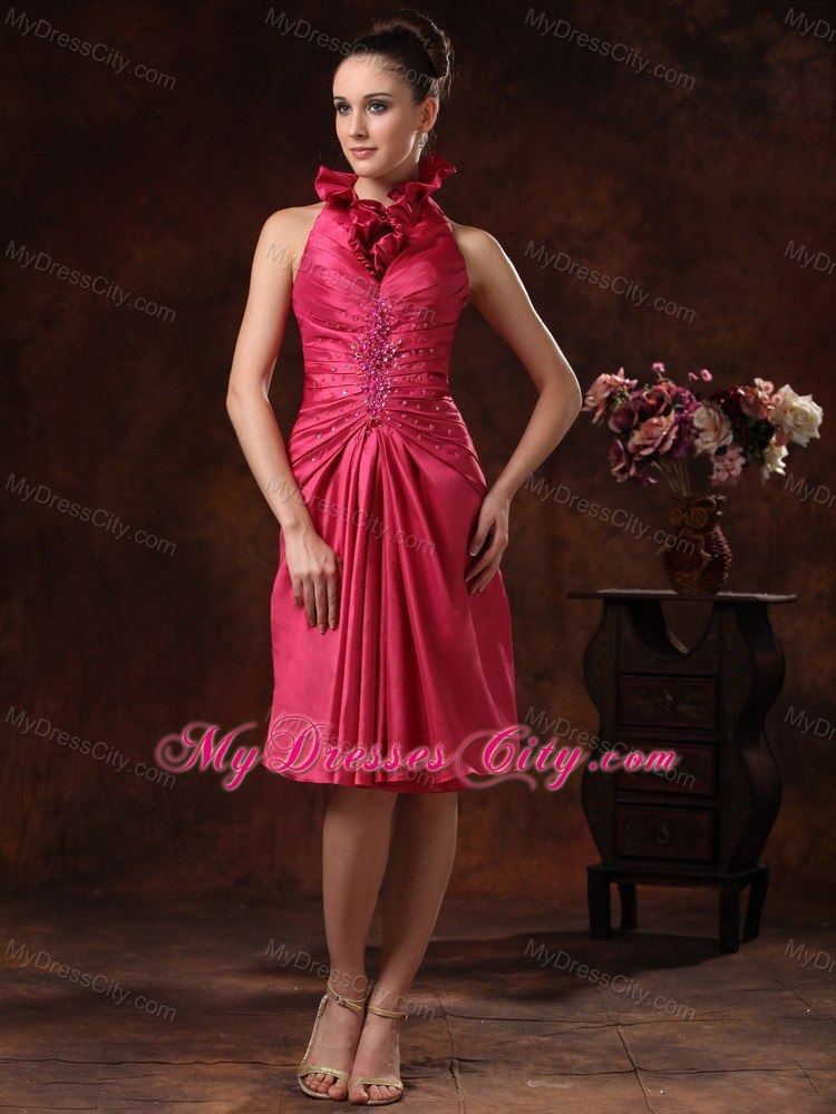 Halter Top Ruched Hot Pink Prom Dress Knee-length