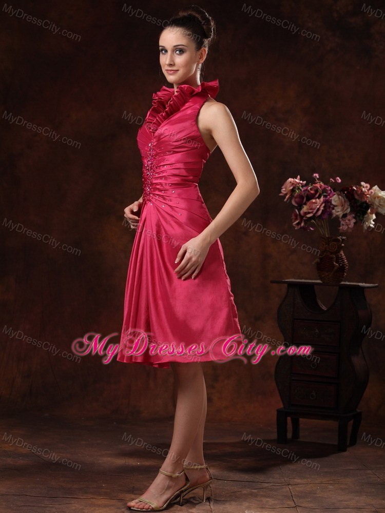 Halter Top Ruched Hot Pink Prom Dress Knee-length