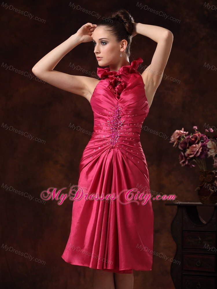 Halter Top Ruched Hot Pink Prom Dress Knee-length