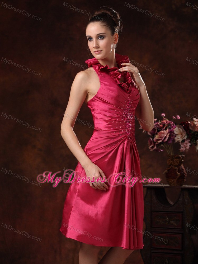 Halter Top Ruched Hot Pink Prom Dress Knee-length