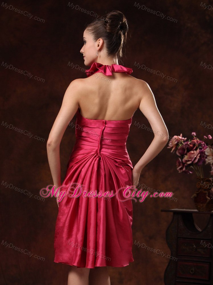 Halter Top Ruched Hot Pink Prom Dress Knee-length