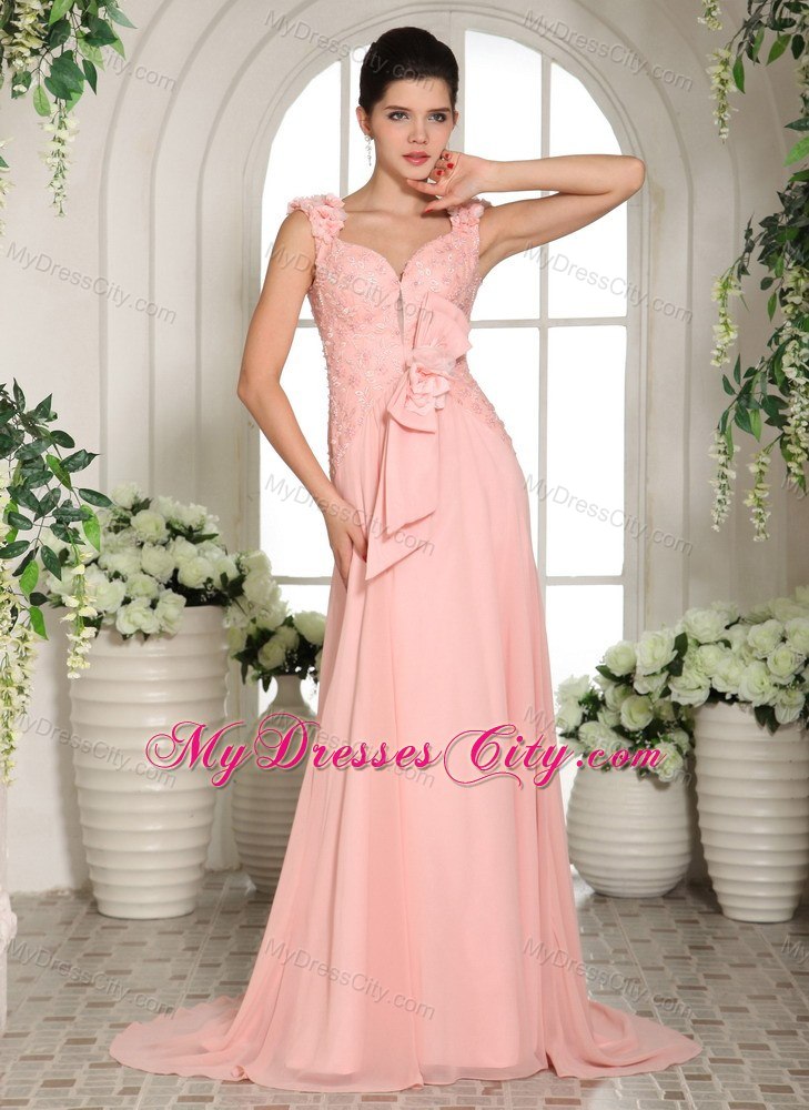 Straps Hand Made Flowers Prom Gown Baby Pink with Brush Train