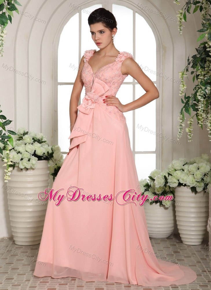 Straps Hand Made Flowers Prom Gown Baby Pink with Brush Train