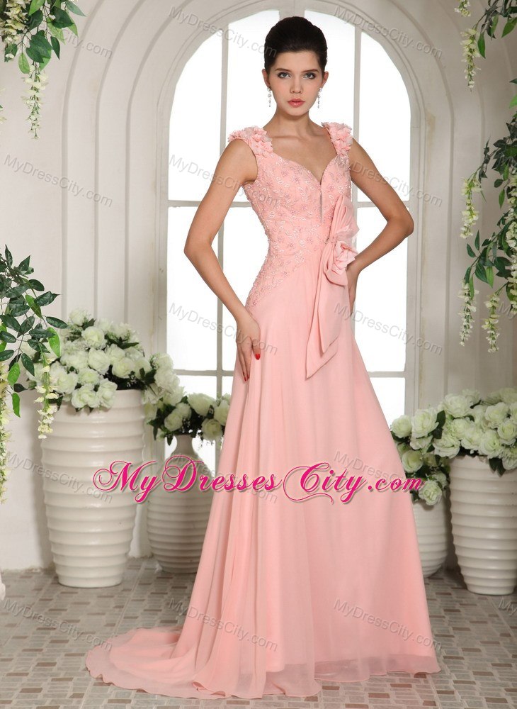 Straps Hand Made Flowers Prom Gown Baby Pink with Brush Train