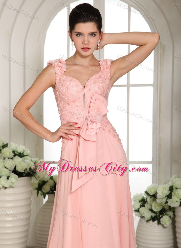 Straps Hand Made Flowers Prom Gown Baby Pink with Brush Train