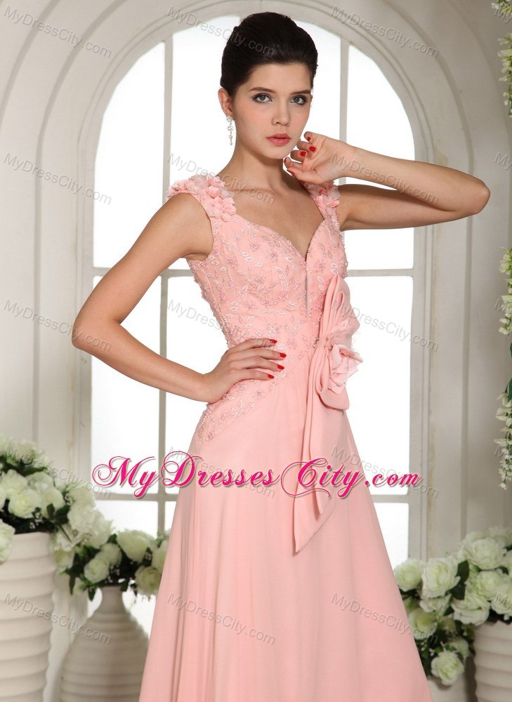 Straps Hand Made Flowers Prom Gown Baby Pink with Brush Train