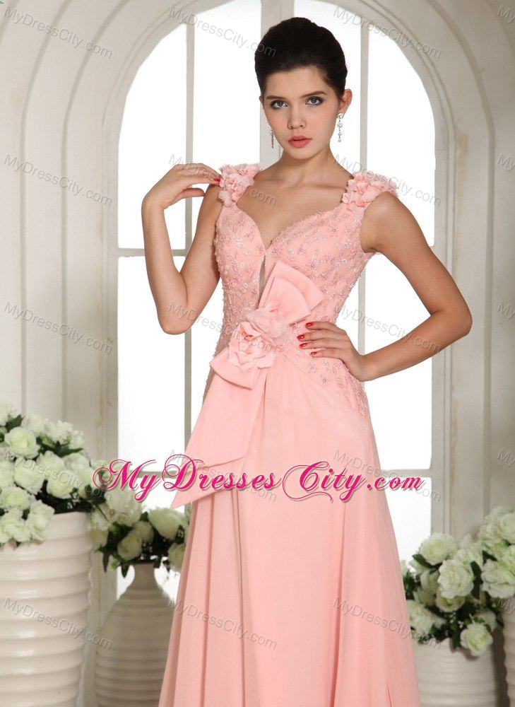 Straps Hand Made Flowers Prom Gown Baby Pink with Brush Train