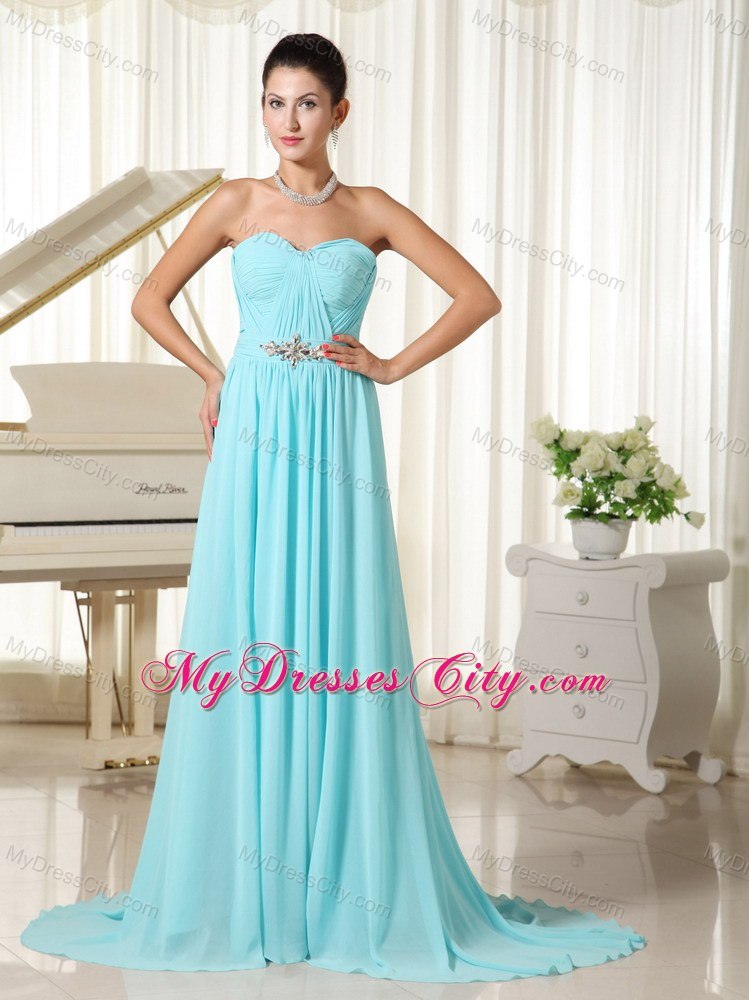 Aqua Blue Ruched Prom Dress Chiffon Brush Train and Cool Back