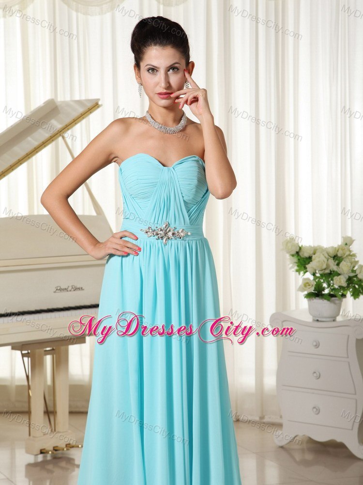 Aqua Blue Ruched Prom Dress Chiffon Brush Train and Cool Back