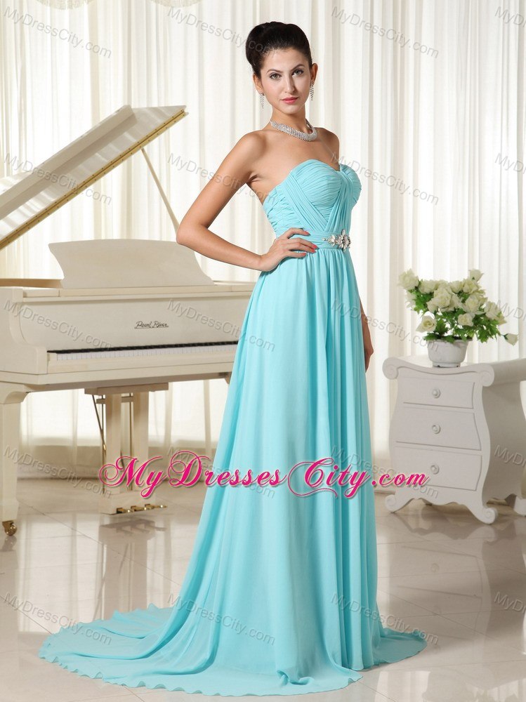 Aqua Blue Ruched Prom Dress Chiffon Brush Train and Cool Back